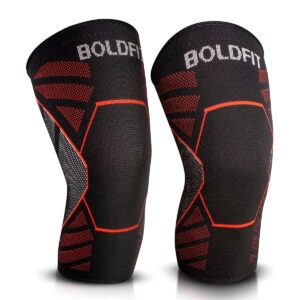 Boldfit knee support cap pair in black compression fabric, shown front and side