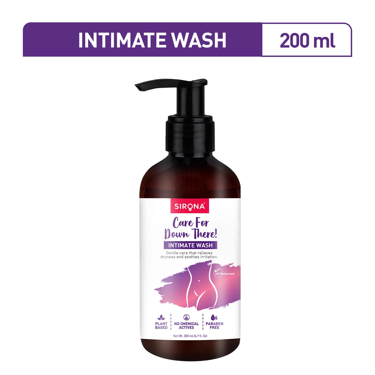 Sirona Intimate Wash 200 ml bottle with size banner