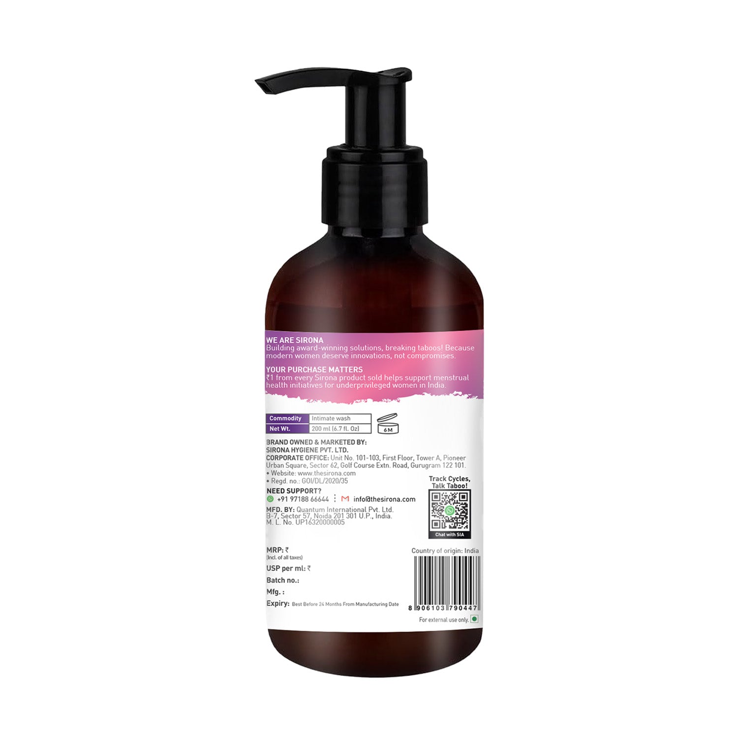 Back label of the Sirona Intimate Wash 200 ml bottle with net weight, shelf life and manufacturer details