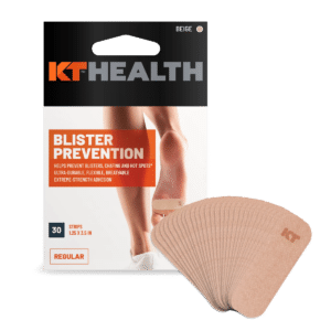 Black wide KT Tape blister prevention tape strips beside the 30-count box