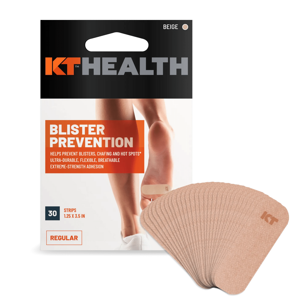 Black KT Tape blister prevention tape box with 30 pre-cut strips, regular size