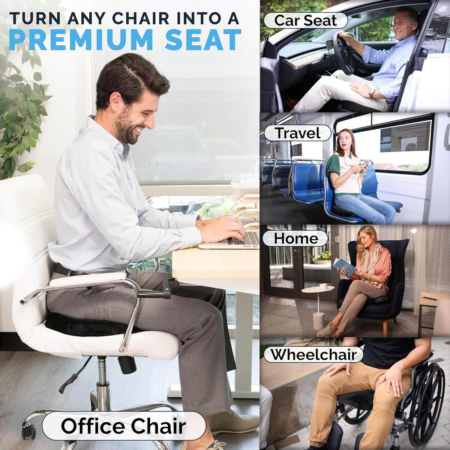 ComfiLife seat cushion used on an office chair, car seat, travel seat, sofa and wheelchair