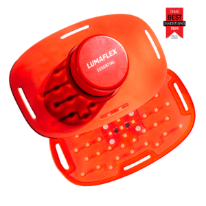 Lumaflex Essential red light therapy wrap, a flexible infrared LED band shown wrapped around a knee