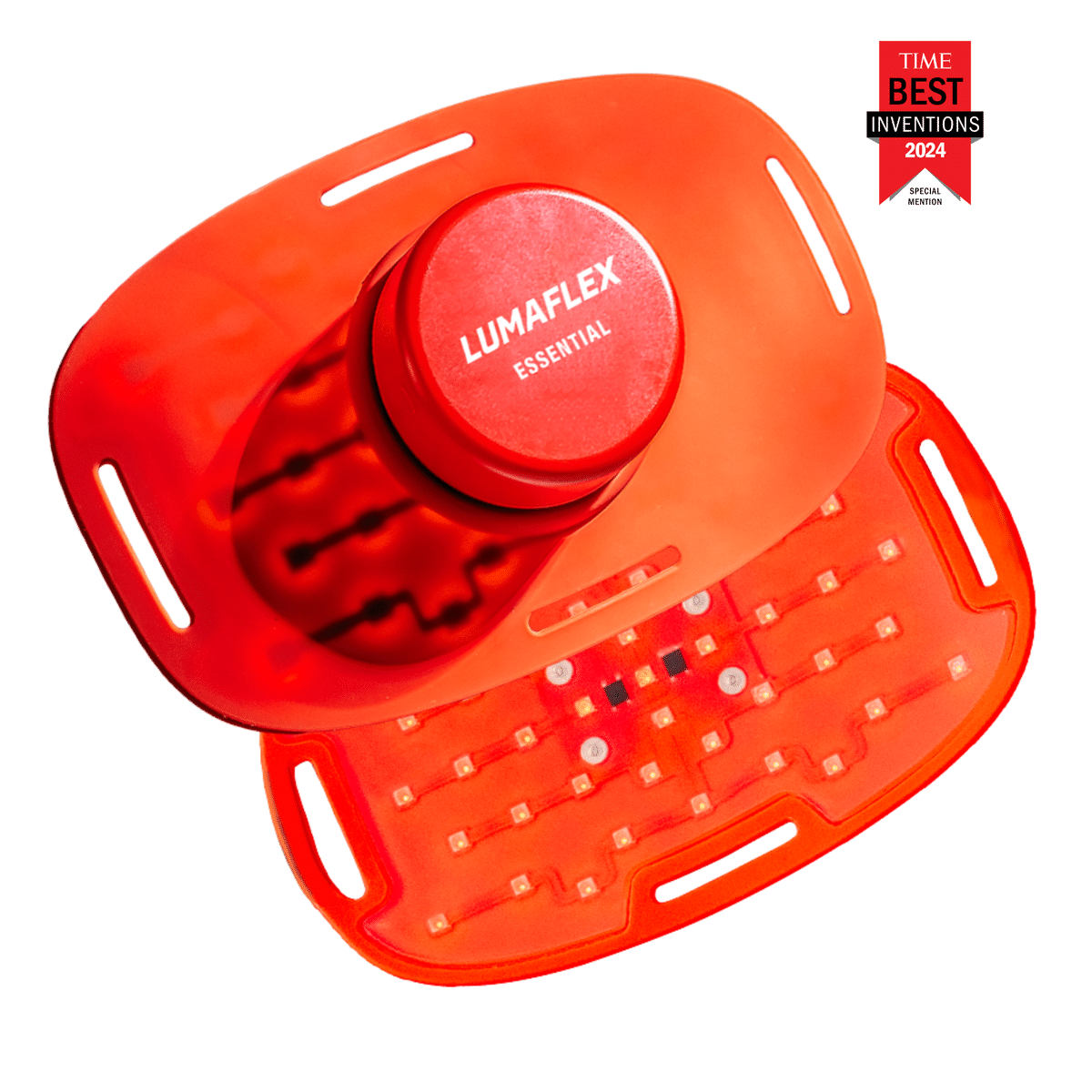 Lumaflex Essential red light therapy wrap, a flexible infrared LED band shown wrapped around a knee