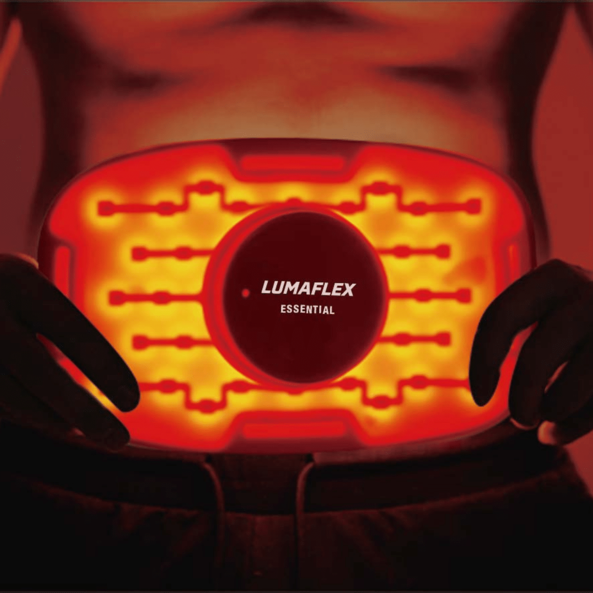 Lumaflex Essential red light therapy wrap, a flexible infrared LED band shown wrapped around a knee — view 2
