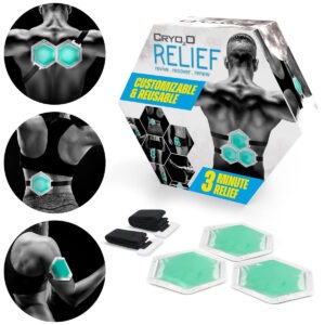 Cryo2O HexPack modular reusable gel ice packs with straps and clips laid out for knee and back recovery