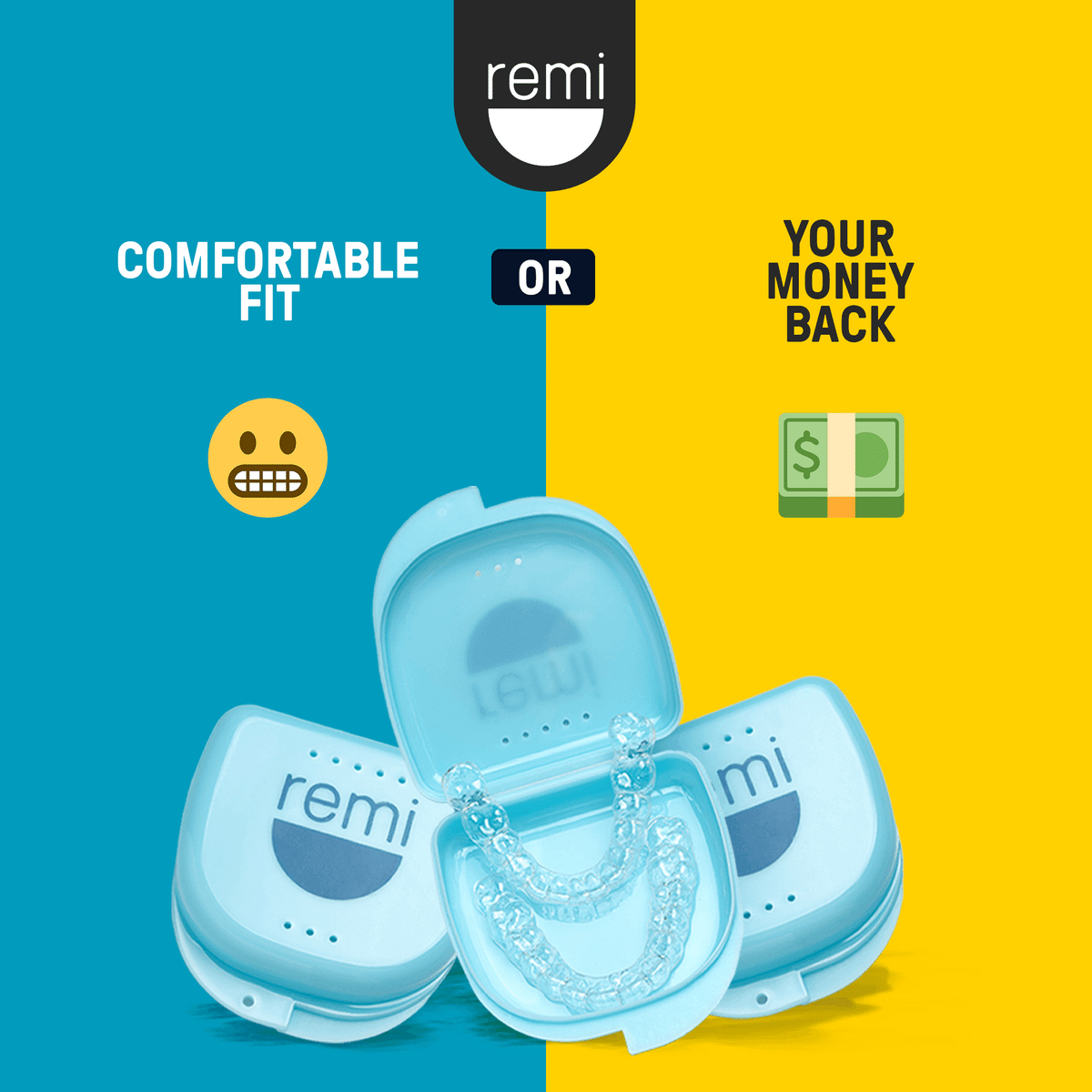 Pair of Remi custom night guards shown with their storage case and at-home impression kit — view 2
