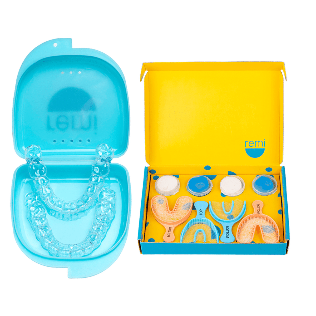 Pair of Remi custom night guards shown with their storage case and at-home impression kit — view 5