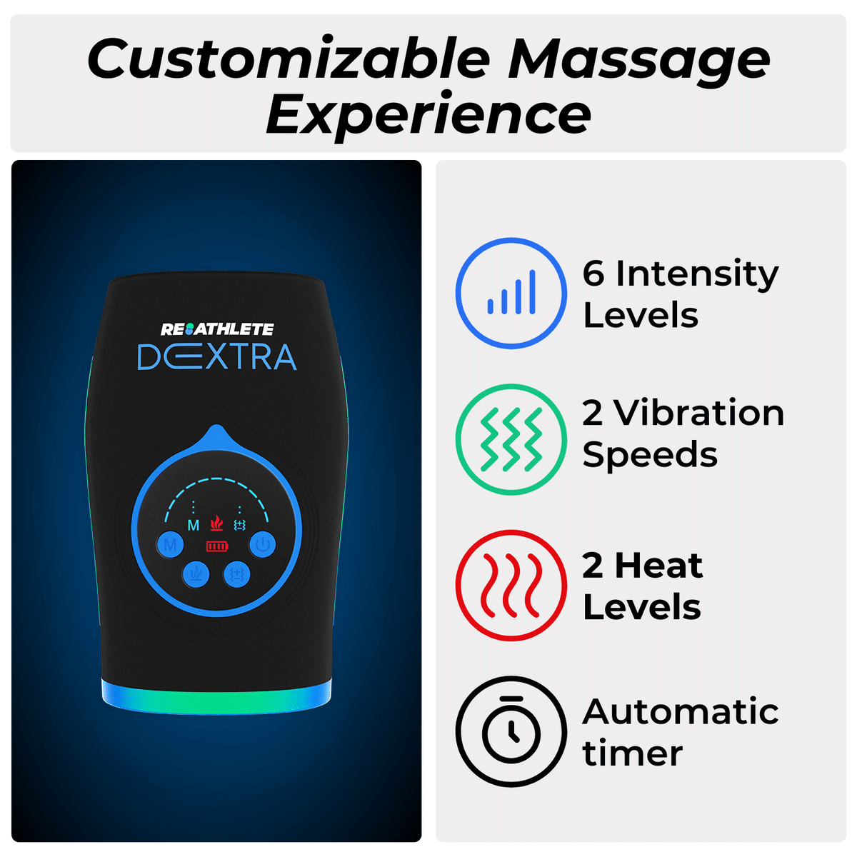 REATHLETE DEXTRA cordless hand massager with a hand inserted, showing the control buttons — view 2