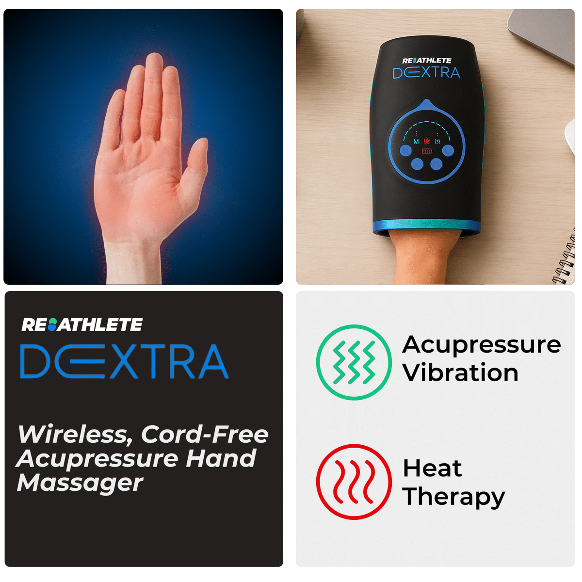 REATHLETE DEXTRA cordless hand massager with a hand inserted, showing the control buttons — view 3
