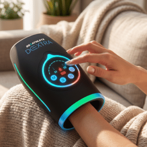 REATHLETE DEXTRA cordless hand massager with a hand inserted, showing the control buttons
