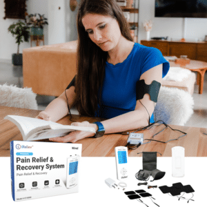 iReliev tens ems unit with backlit digital display, lead wires and zippered carrying case