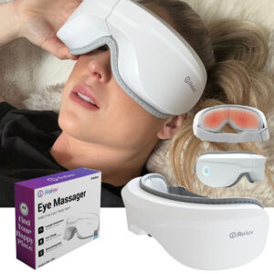 iReliev heated eye massager resting beside its matching neck pillow