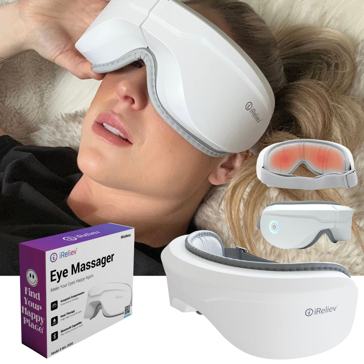 iReliev heated eye massager resting beside its matching neck pillow