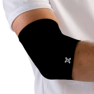 Black body helix elbow compression sleeve in medium, shown laid flat