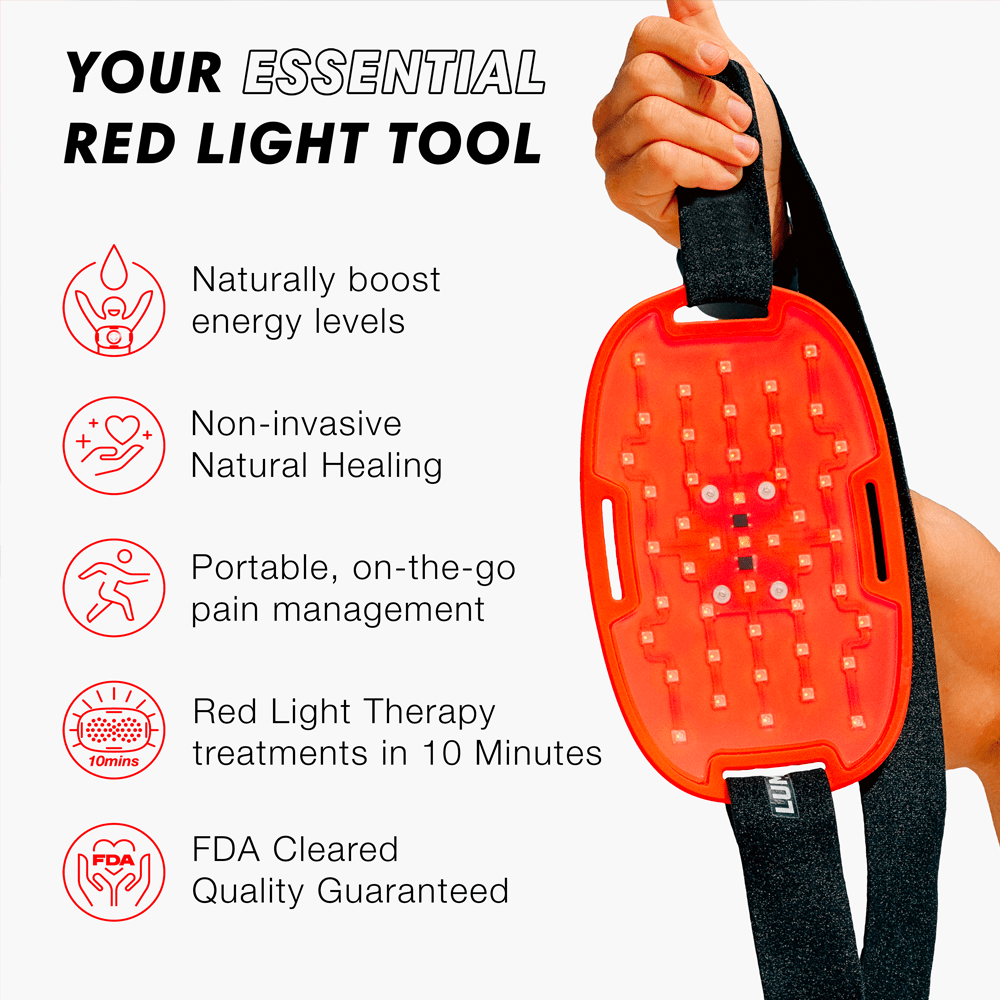 Lumaflex Essential red light therapy wrap, a flexible infrared LED band shown wrapped around a knee — view 3