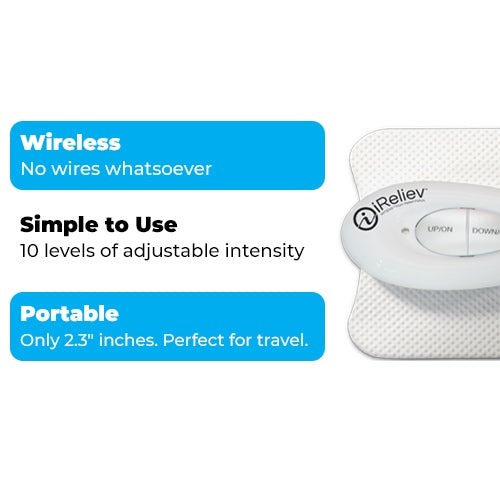 iReliev TENS Mini wireless tens pain relief patch with control buttons and adhesive pad — view 3