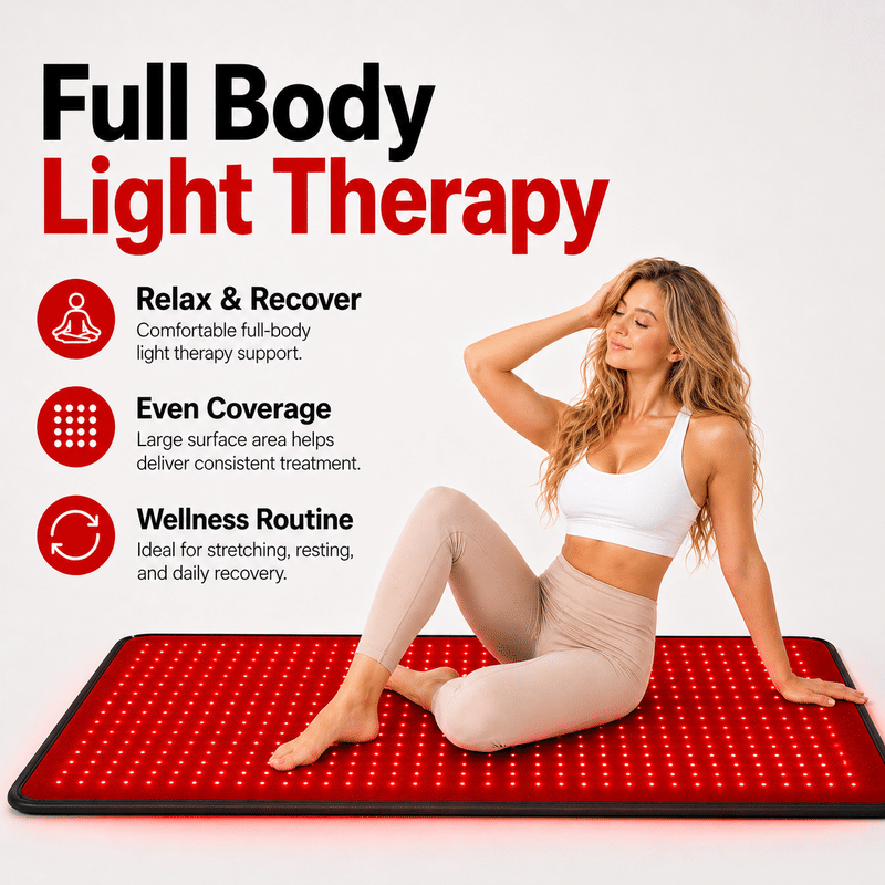 iReliev FullGlow 180 red light therapy mat laid flat, showing full-body panel of red and near infrared LEDs — view 2
