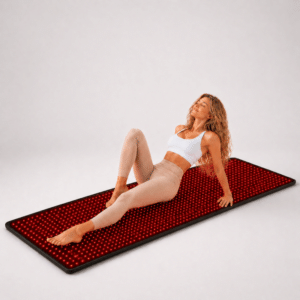 iReliev FullGlow 180 red light therapy mat laid flat, showing full-body panel of red and near infrared LEDs