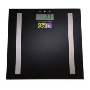 GoFit body composition scale with digital display on a bathroom floor