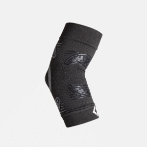 Floky black knit compression elbow brace in size XS-S shown laid flat
