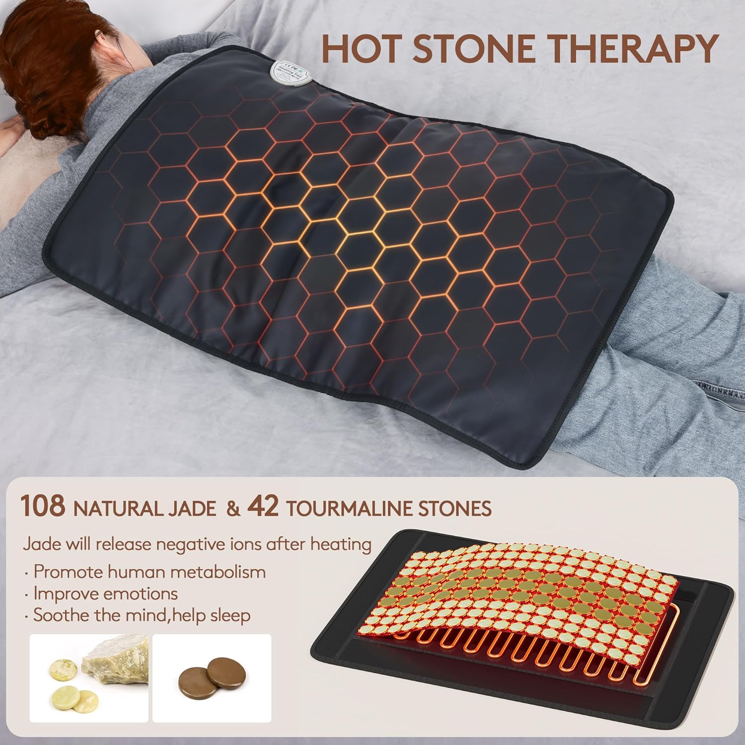 UTK far infrared heating pad laid flat, showing jade and tourmaline stone panel and controller — view 5