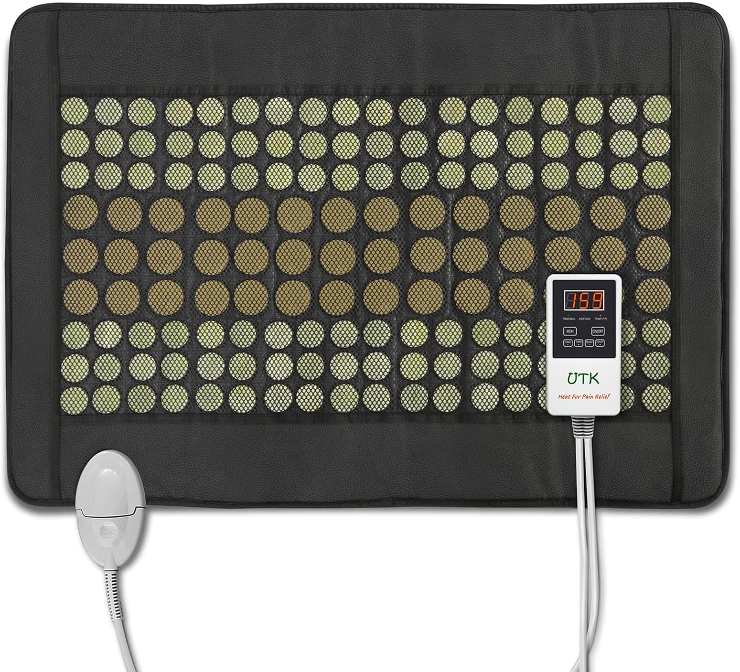 UTK far infrared heating pad laid flat, showing jade and tourmaline stone panel and controller — view 2