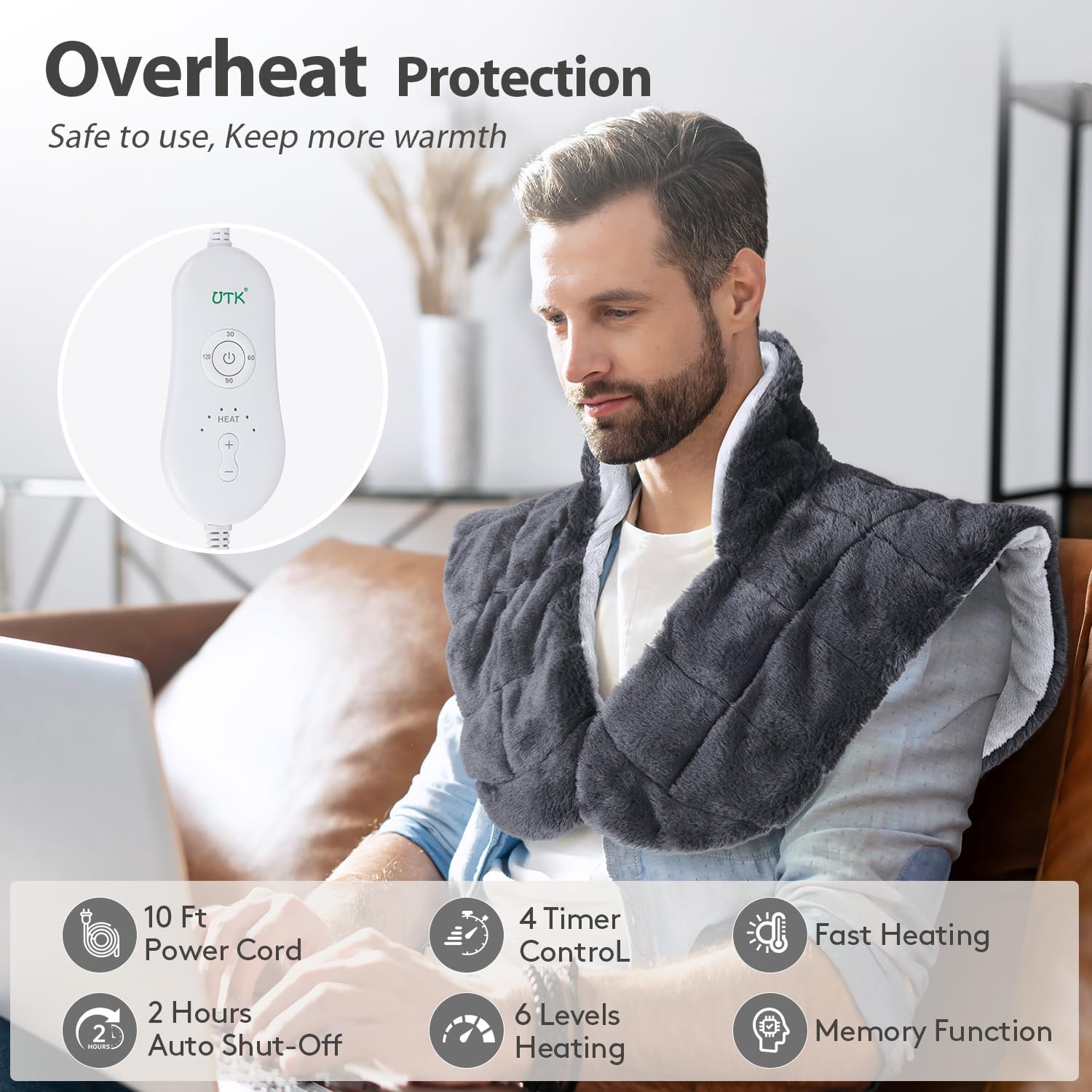 UTK weighted neck heating pad with curved high collar resting over the shoulders and upper back — view 3