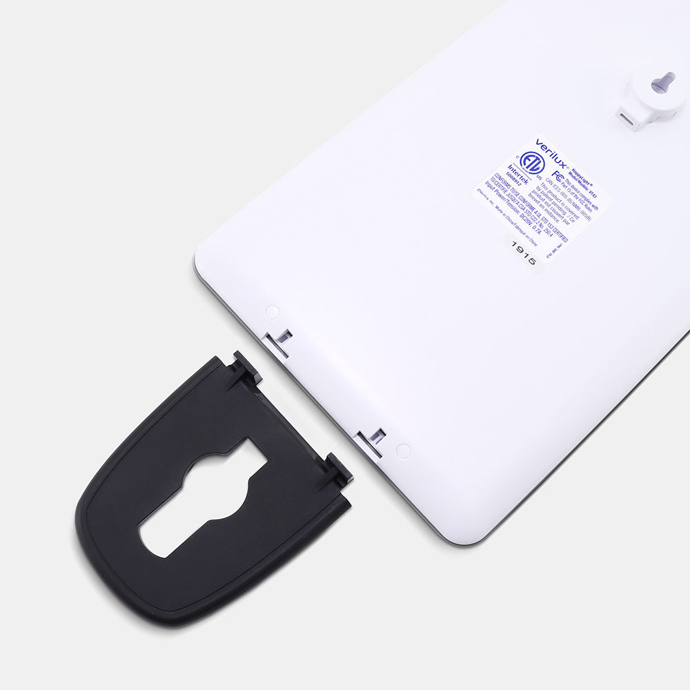 Back of the HappyLight Luxe with the detachable stand removed, showing the keyhole mount