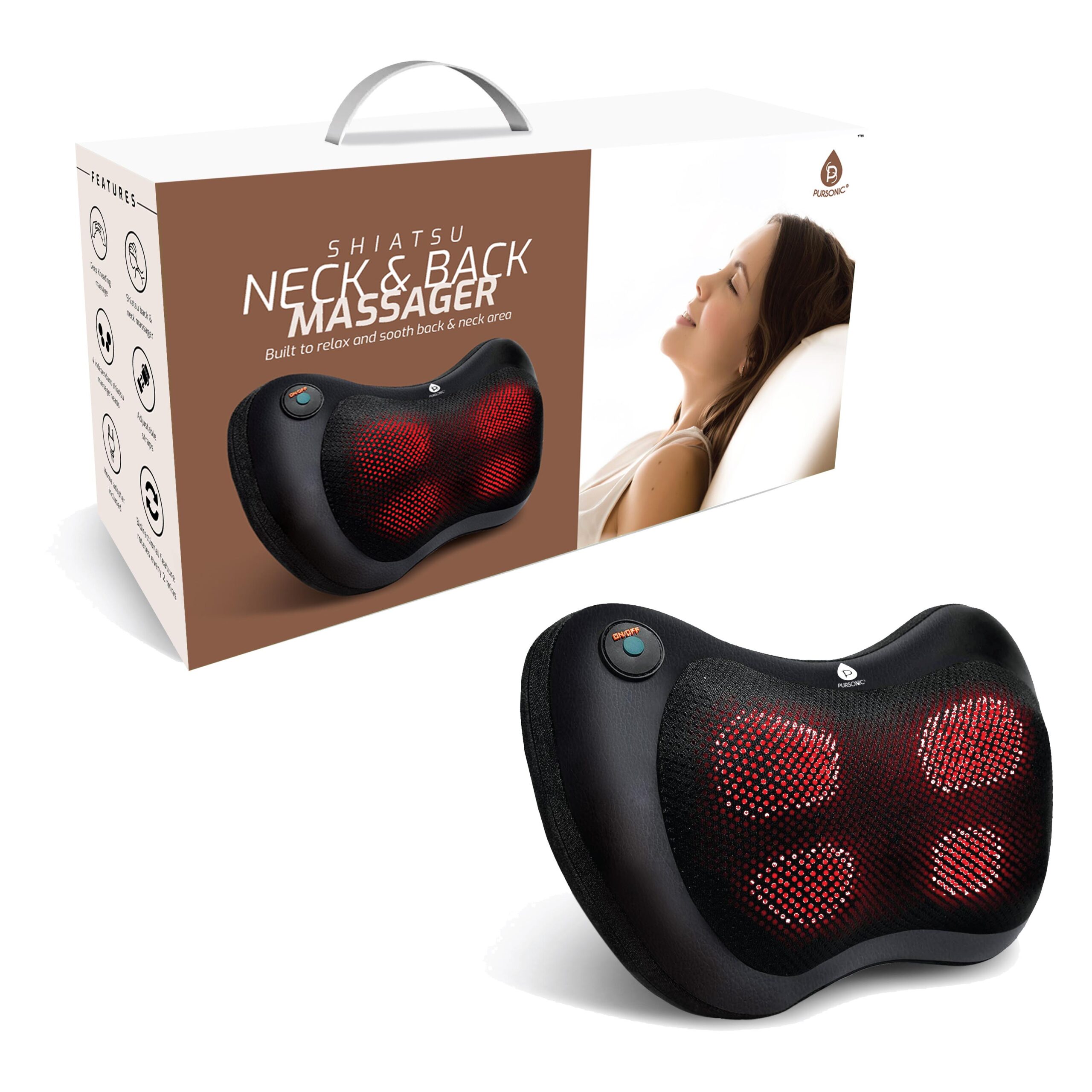 Pursonic shiatsu neck massager with heat function resting over a person's shoulders and upper back
