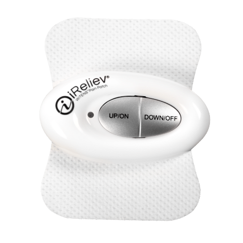 iReliev TENS Mini wireless tens pain relief patch with control buttons and adhesive pad — view 2