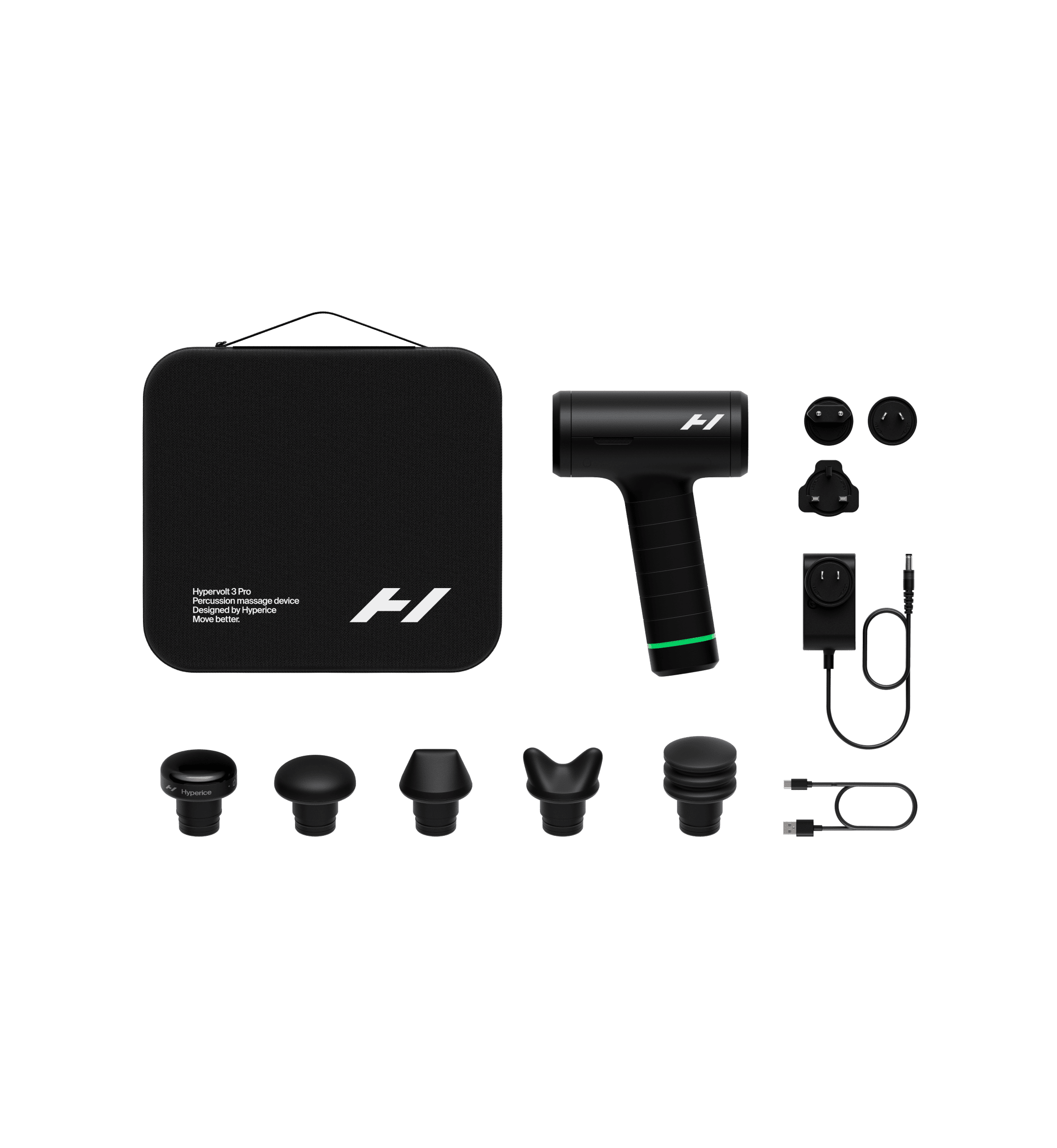 Hypervolt 3 Pro set with its head attachments, carry case and chargers