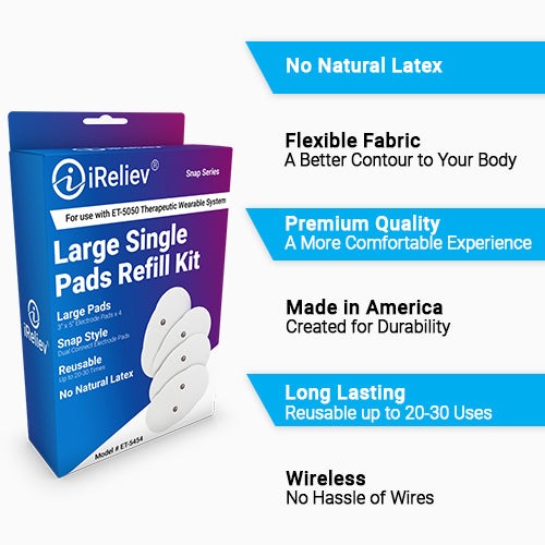 iReliev large TENS unit pads refill kit with premium hydrogel single pads for the ET-5050 wearable system — view 3