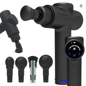 PlayMakar MVP+ percussion massage gun with GlidePro and silica rubber ProTip attachments