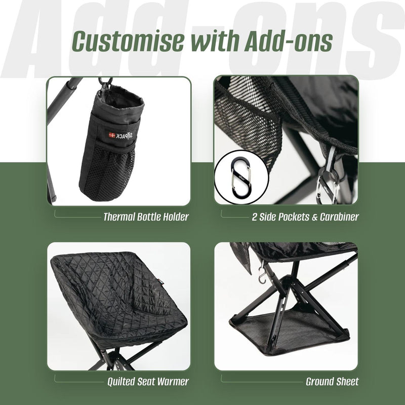 Sitpack Campster II portable outdoor chair set up beside its shoulder strap carrying case — view 4