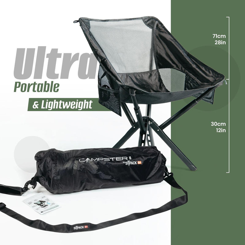 Sitpack Campster II portable outdoor chair set up beside its shoulder strap carrying case — view 3