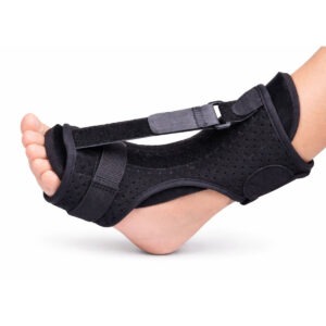 PlayMakar plantar fasciitis night splint with adjustable straps worn on a foot