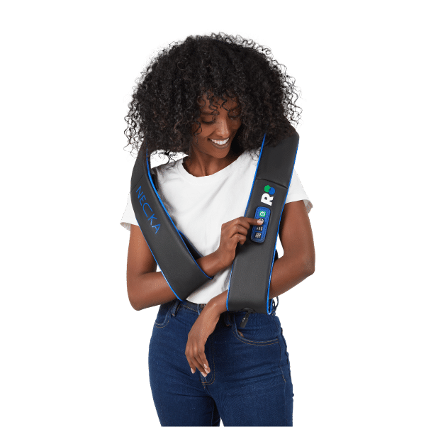 REATHLETE NECKA shiatsu neck massager draped over a person's shoulders — view 4