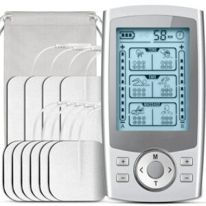 Tactical X portable TENS EMS unit with electrode pads, lead wires and control screen
