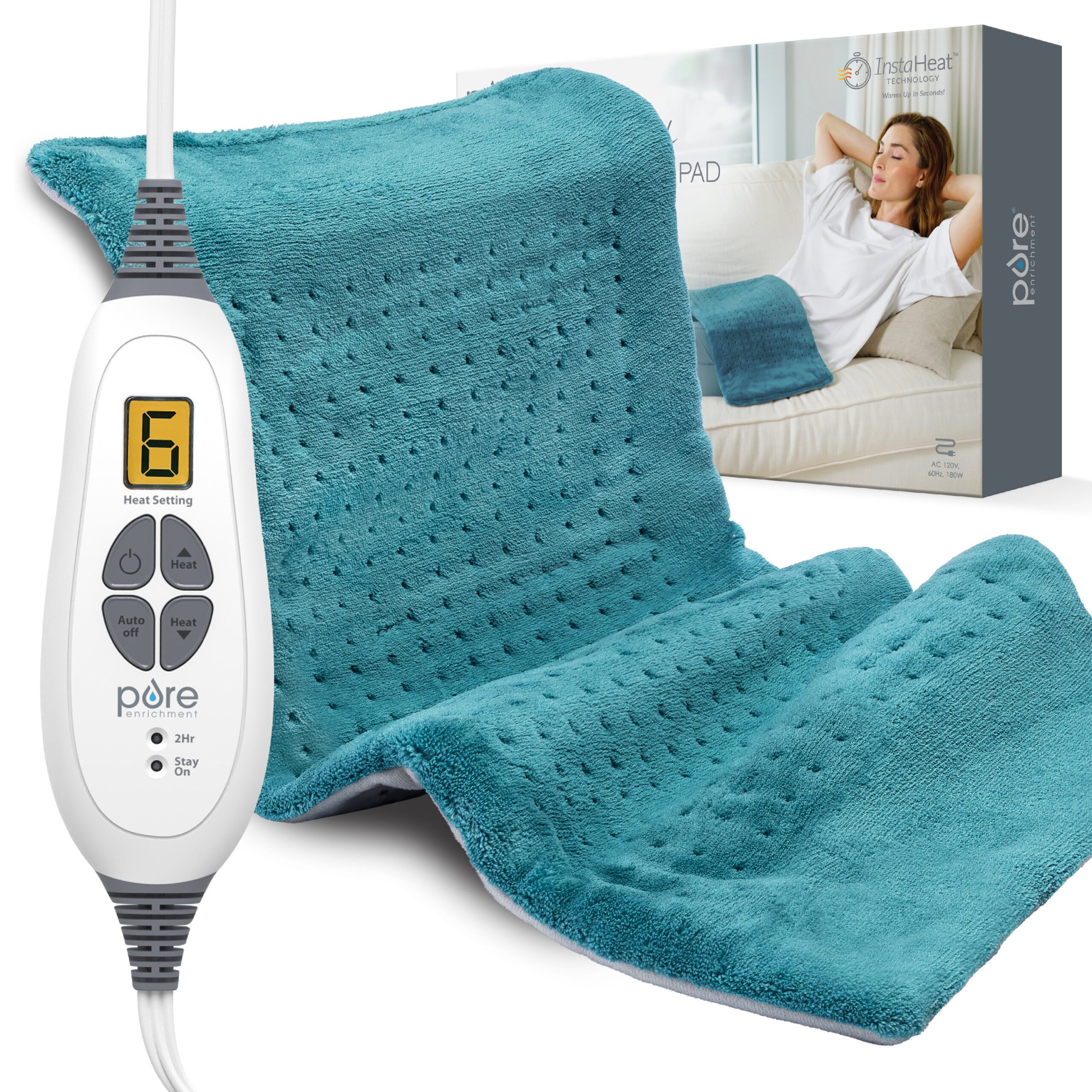 XL heating pad with microplush cover and detachable LCD controller showing heat settings — view 2