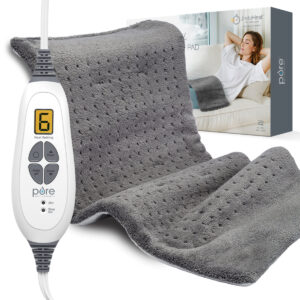 Pure Enrichment XL heating pad in charcoal gray with its controller and box