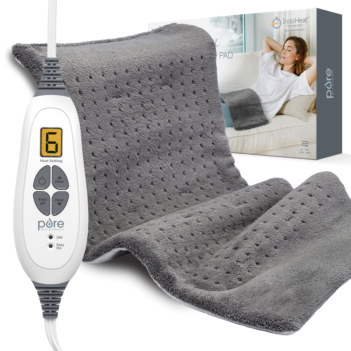 Pure Enrichment XL heating pad in charcoal gray with its controller and box