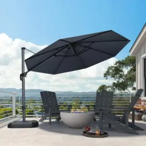 Purple Leaf 11-ft round cantilever patio umbrella with grey canopy and dark aluminium pole shading Adirondack chairs and a fire bowl on a deck