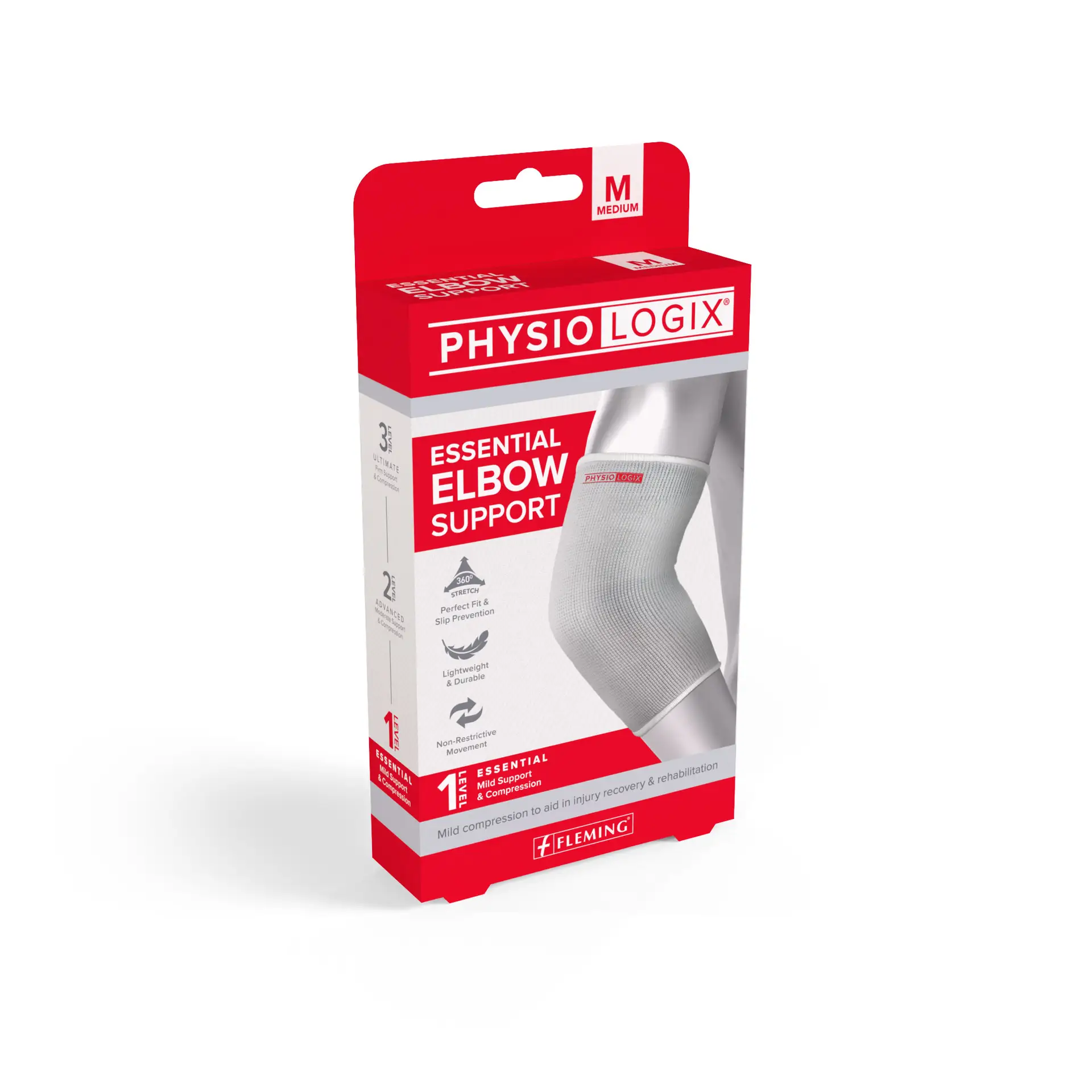 Physiologix Essential elbow support brace in black, shown worn on a bent arm
