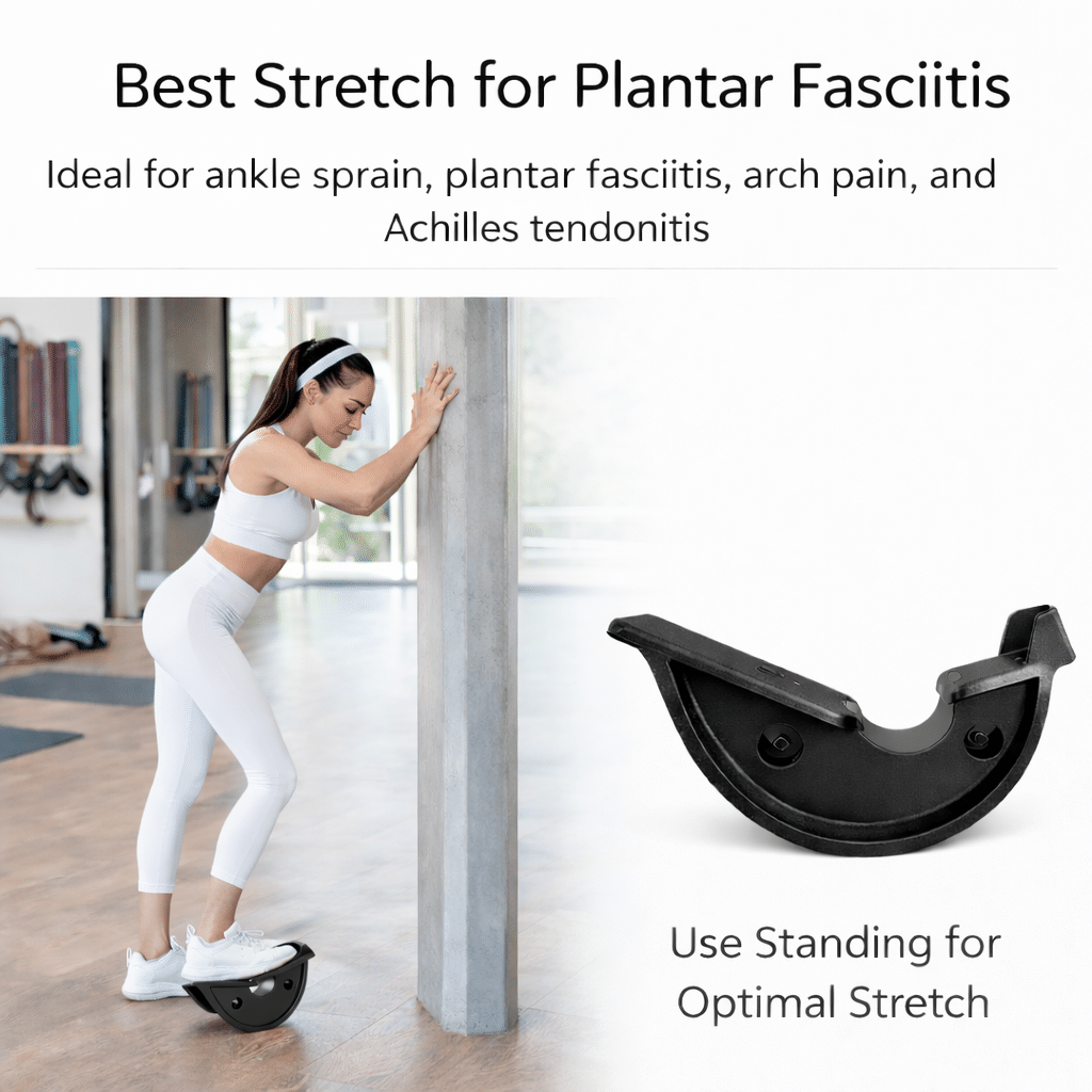 PlayMakar plantar fasciitis foot rocker stretching tool with a curved base on a floor — view 4