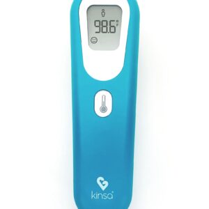 Kinsa QuickScan no-touch forehead thermometer, blue, showing 98.6 °F on its display