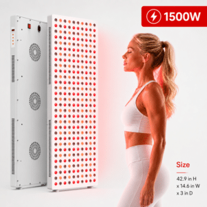 iReliev 1500W full-body red light therapy panel standing upright with its red and near infrared LEDs lit