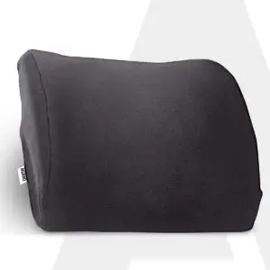Memory foam lumbar support cushion with straps fitted to an office chair backrest — view 1