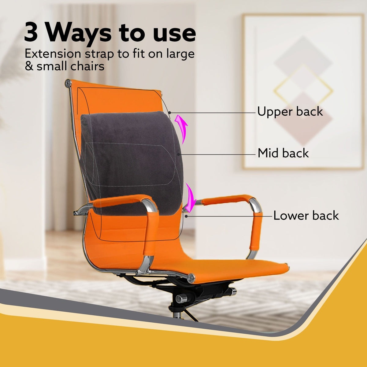 Memory foam lumbar support cushion with straps fitted to an office chair backrest — view 3