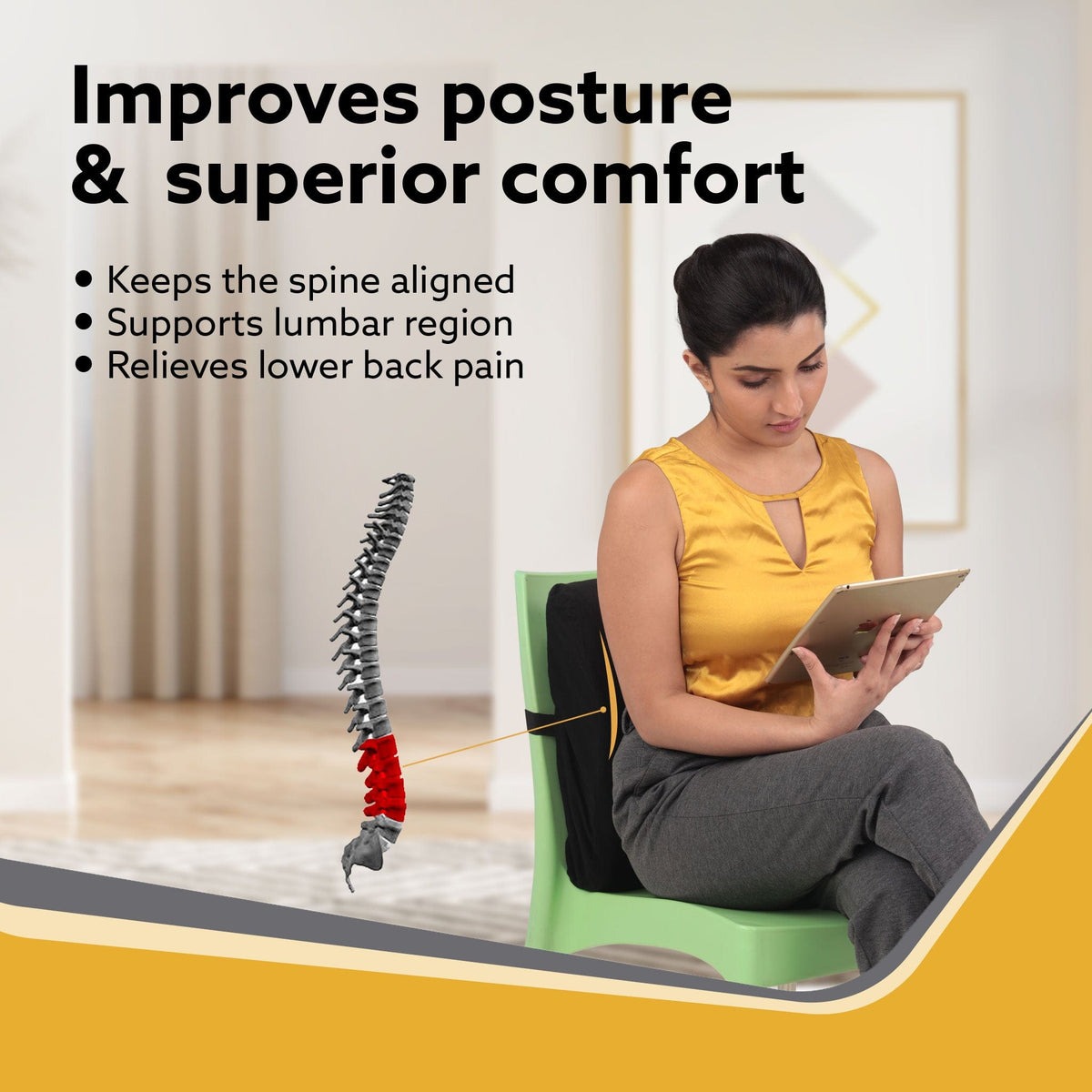 Memory foam lumbar support cushion with straps fitted to an office chair backrest — view 4